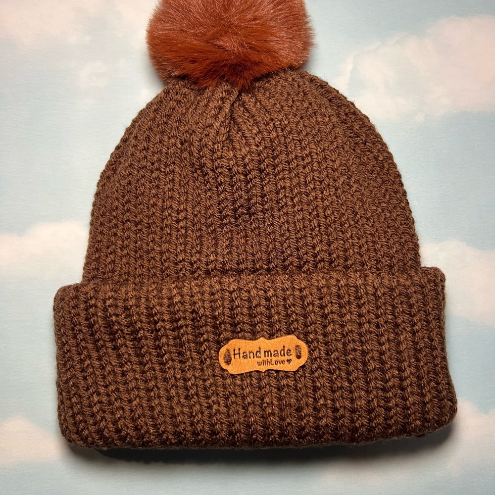 Handmade Brown Knit Pom Beanie